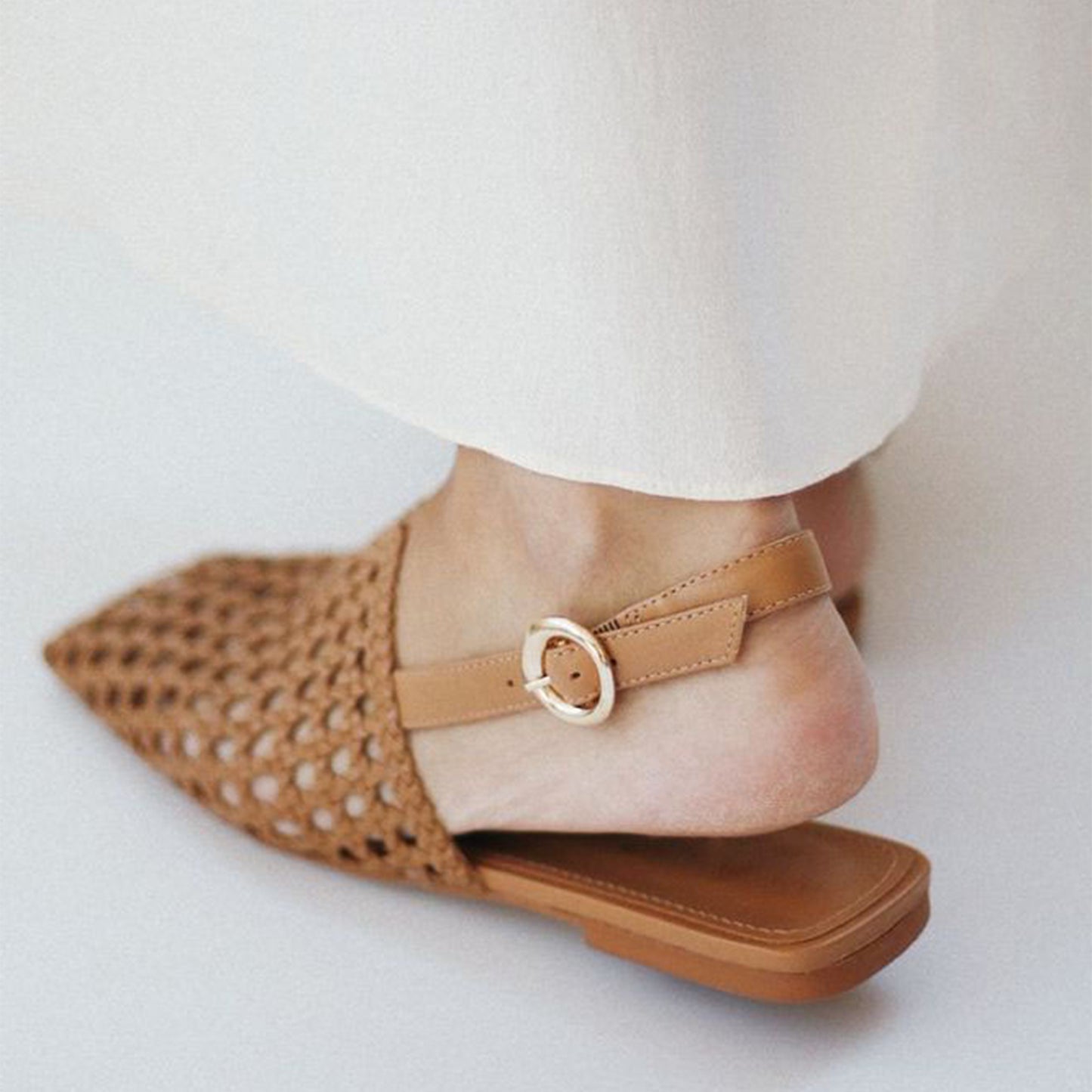 Ochre Woven Vegan Leather Square-Toe Buckle Slingback Flats