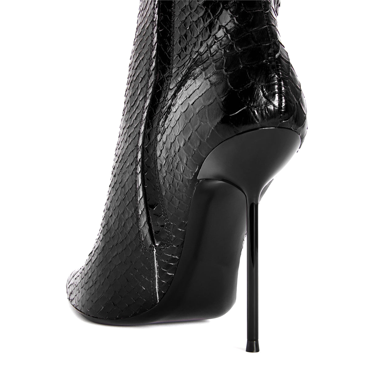 Black Snakeskin Pattern Chic Pointed-Toe Simple Full-Zip Knee High Stiletto Boots