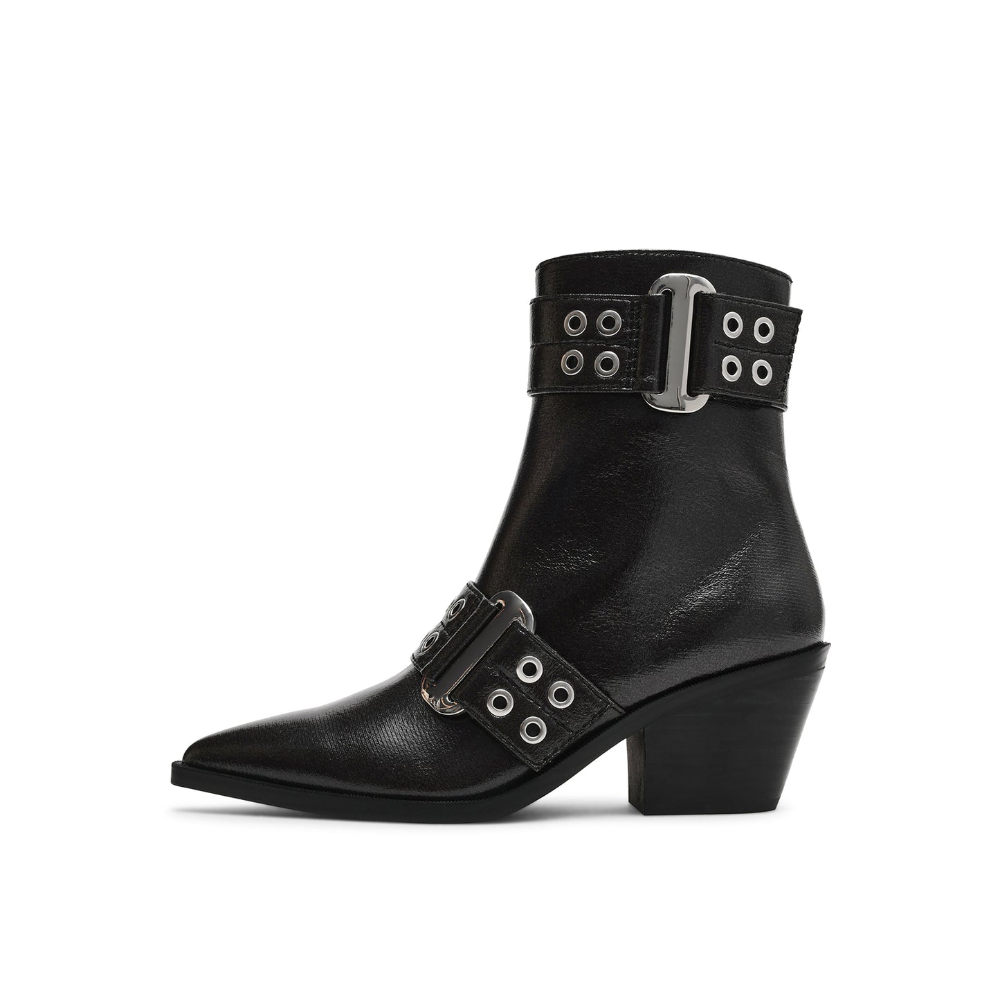 Black Pointed-Toe Full-Zip Buckle Straps With Eyelets Ankle Cowgirl Boots