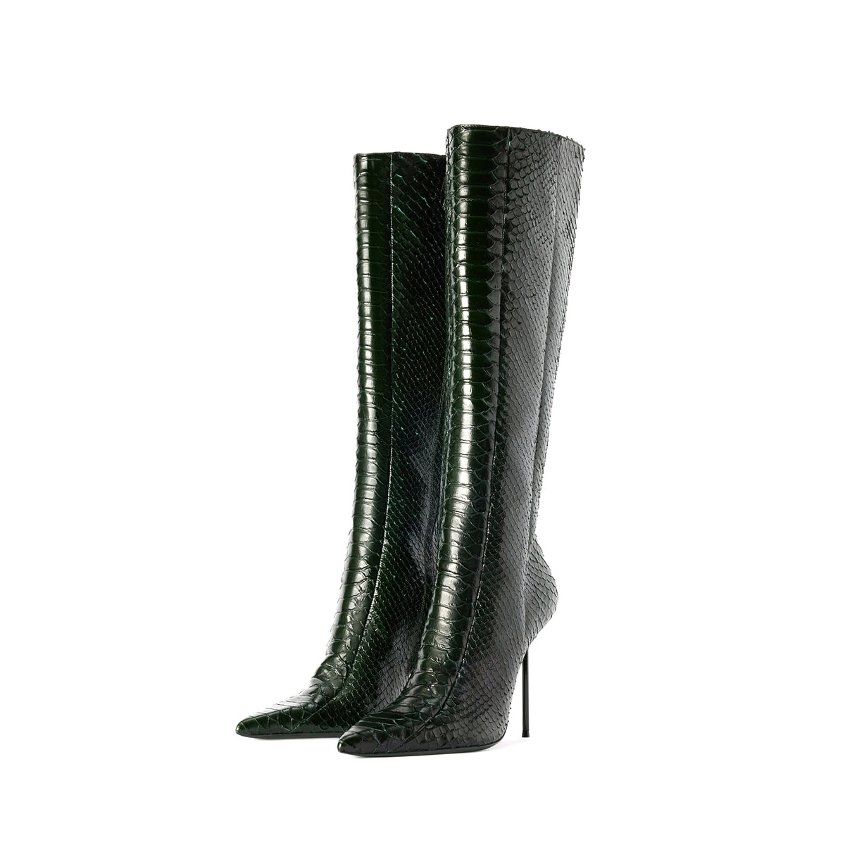 Green Snakeskin Pattern Chic Pointed-Toe Simple Full-Zip Knee High Stiletto Boots