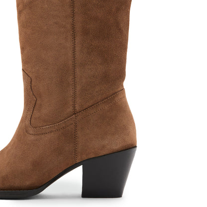Brown Faux Suede Almond-Toe Simple Wide Calf Knee High Cowgirl Boots