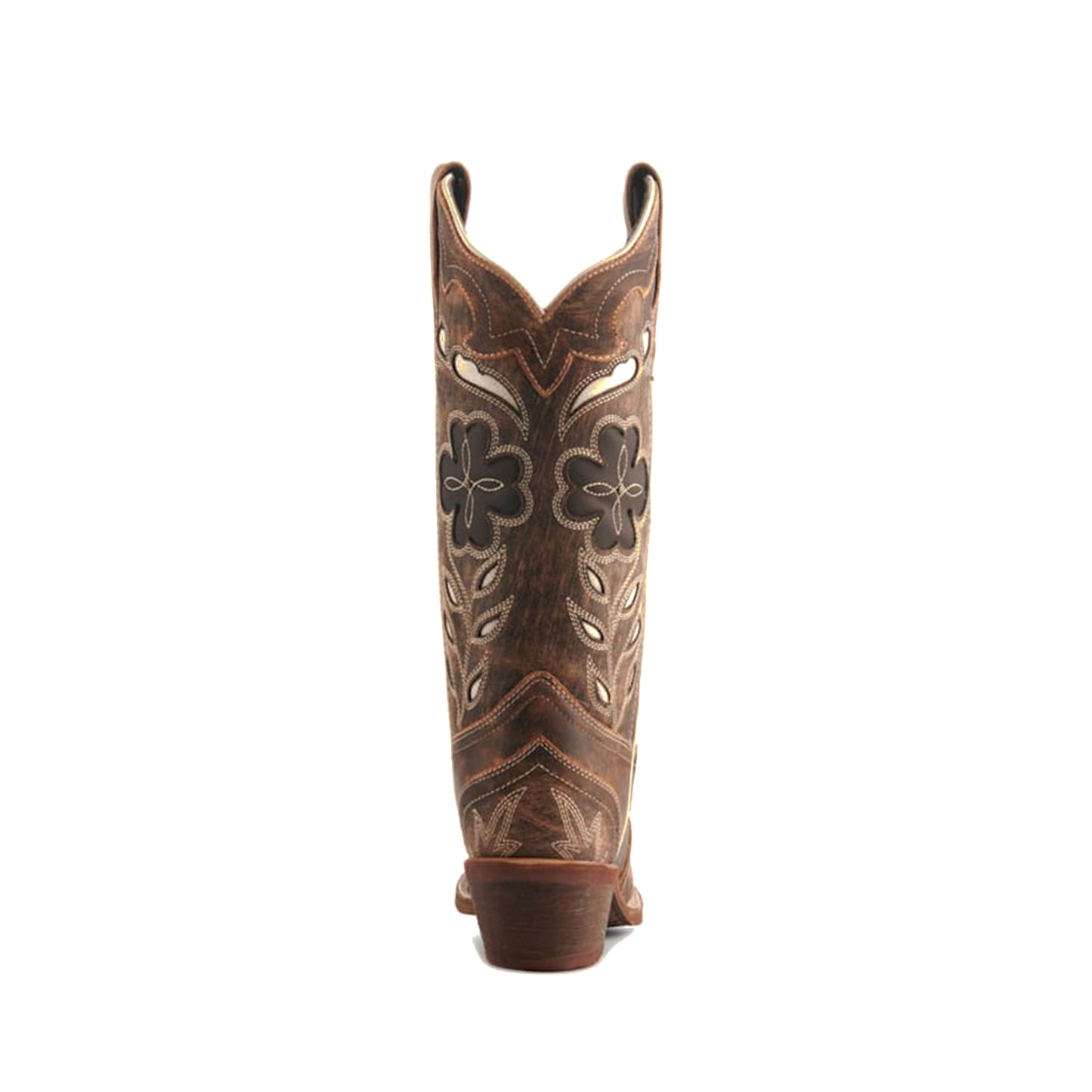 Distressed Brown Snip-Toe Flower Inlay Mid Calf Cowgirl Boots