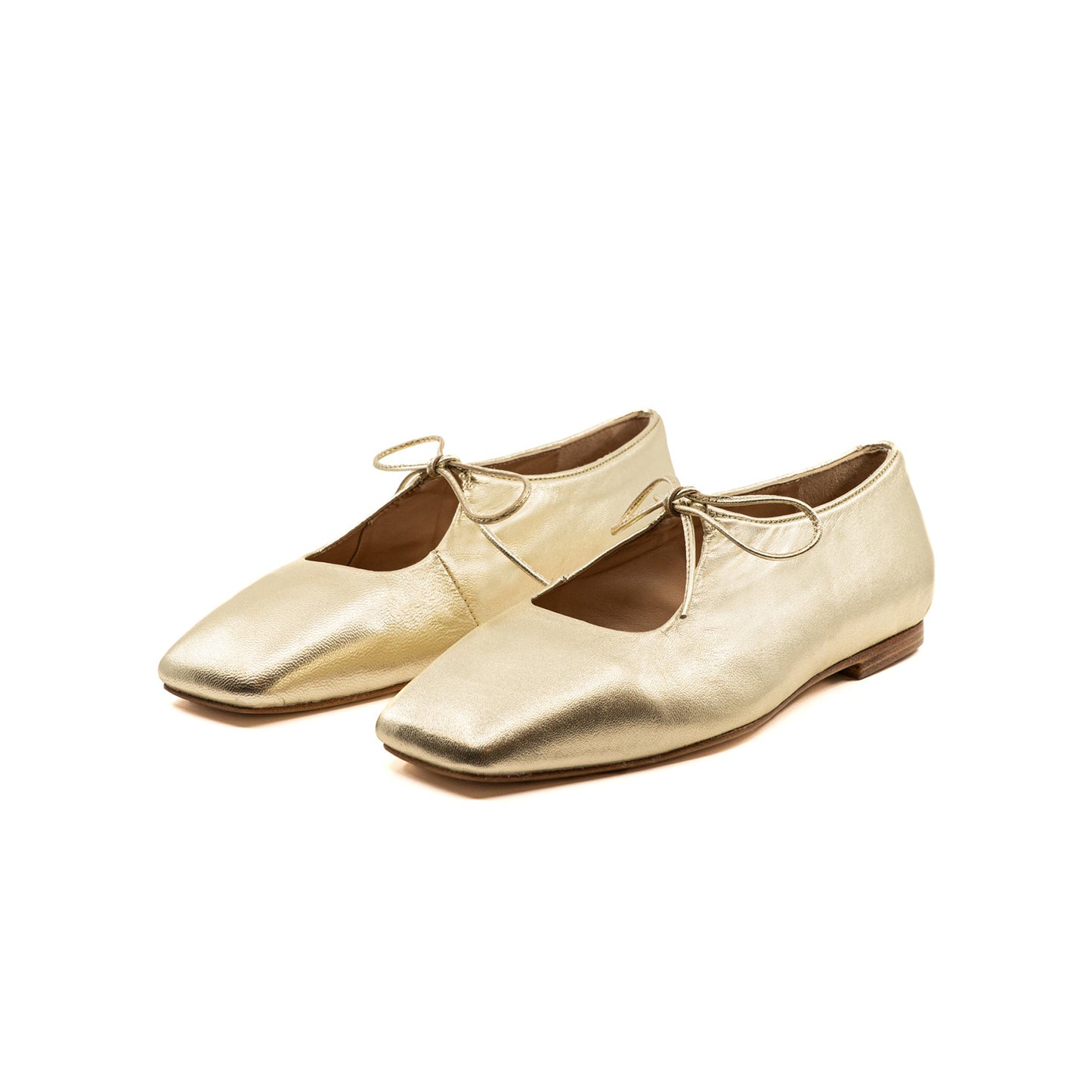Metallic Gold Vegan Leather Square-Toe Vamp Strap With Bow Ballet Flats