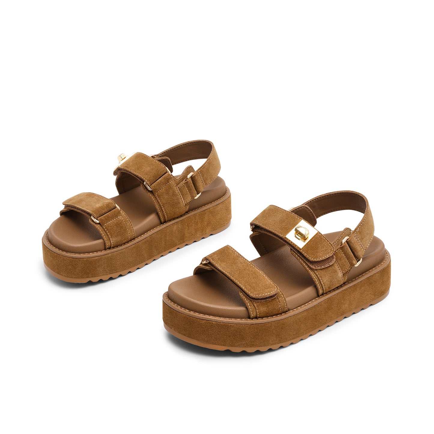 Tan Faux Suede Square-Toe Three Straps Sandals Flats