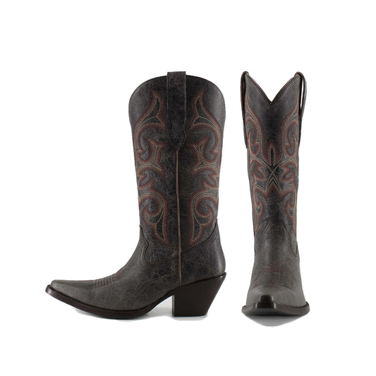Distressed Burgundy Snip-Toe Mid Calf Embroidery Cowgirl Boots