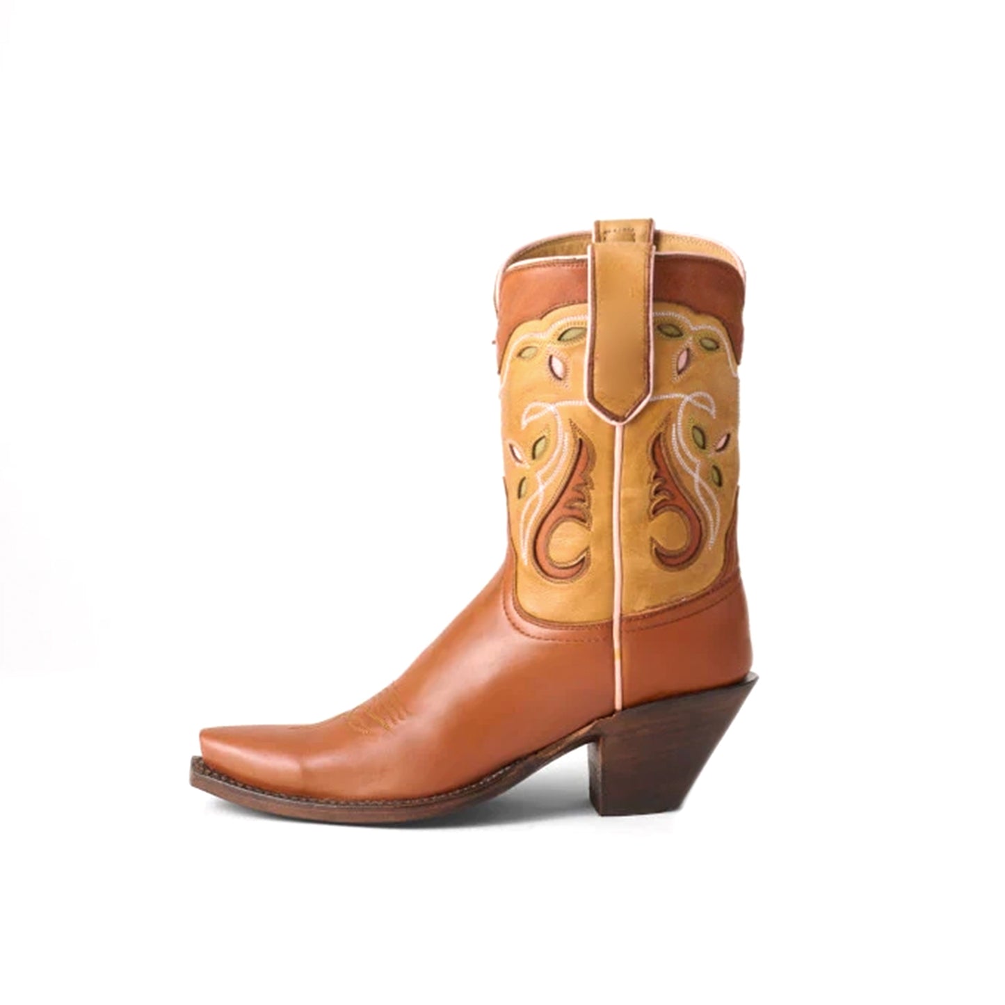 Contrast Tan And Cognac Snip-Toe Inlays Ankle Cowgirl Boots