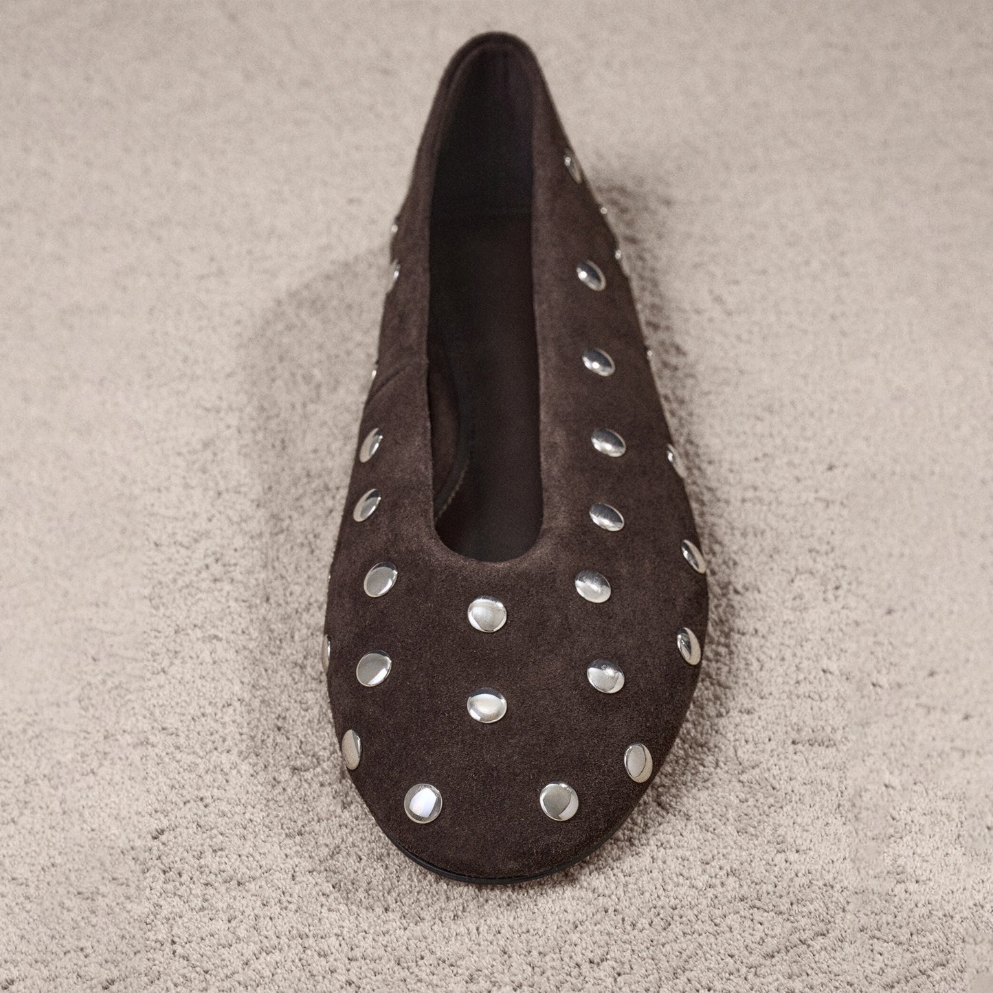 Chocolate Faux Suede Round-Toe Full Studs Slip-On Ballet Flats