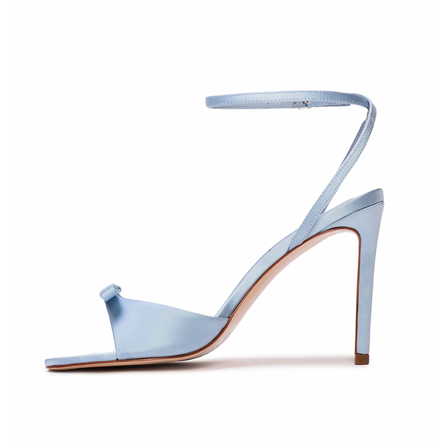 Blue Satin Round-Toe Front Bow Ankle Strap High Stiletto Heels