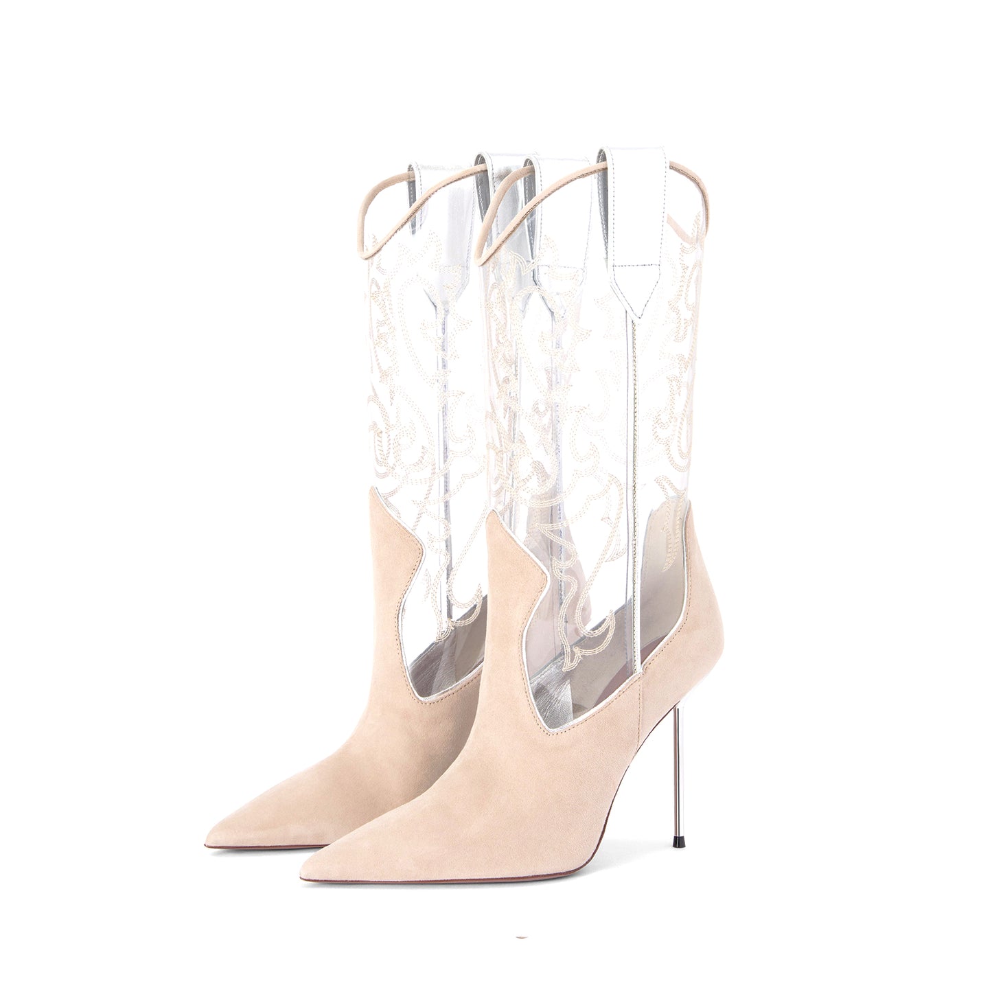 Contrast Gray Faux Suede And PVC Transparent Film Pointed-Toe Embroidery Mid Calf Stiletto Boots