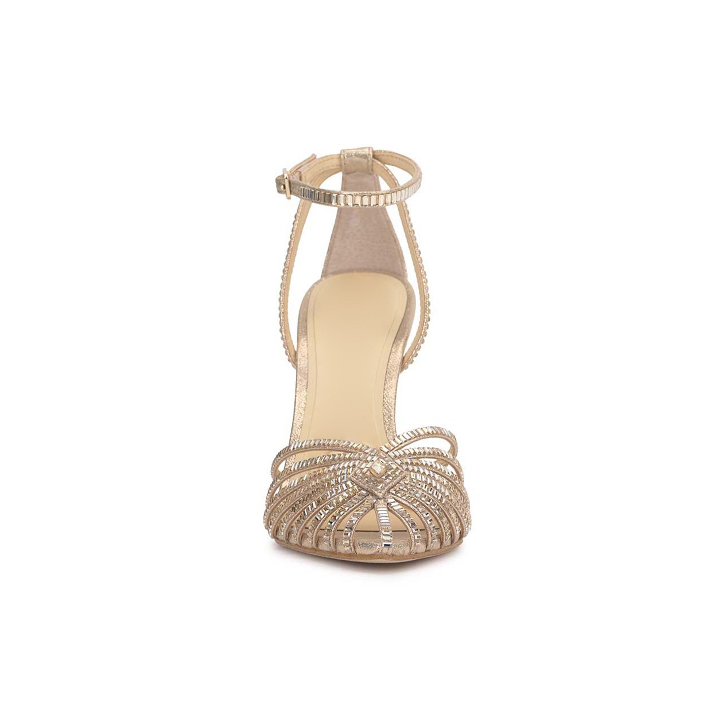 Metallic Champagne Pointed-Toe Front Strappy Ankle Strap Pumps High Heels