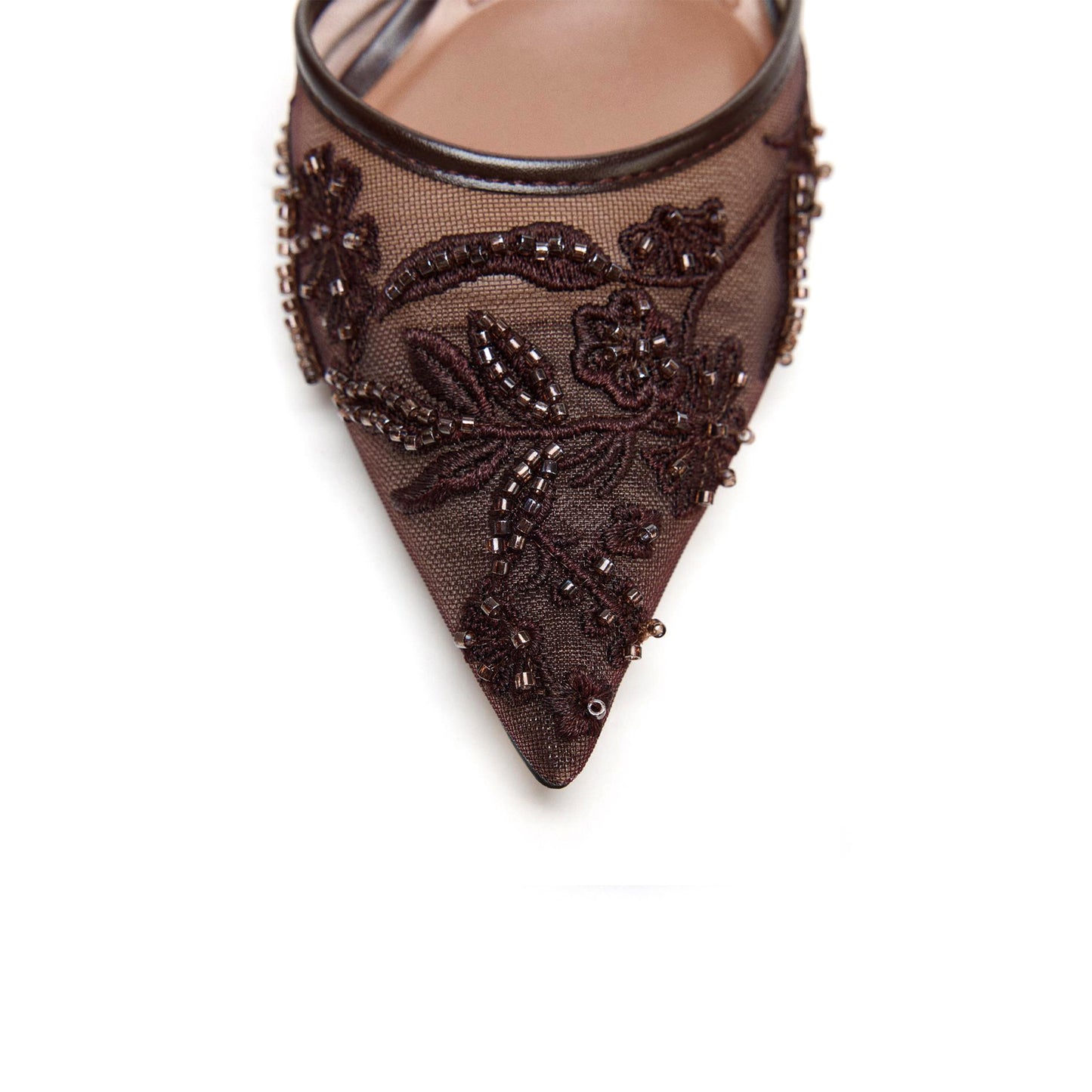 Brown Mesh Pointed-Toe Sparkly Front And Elastic Slingback Kitten Heels