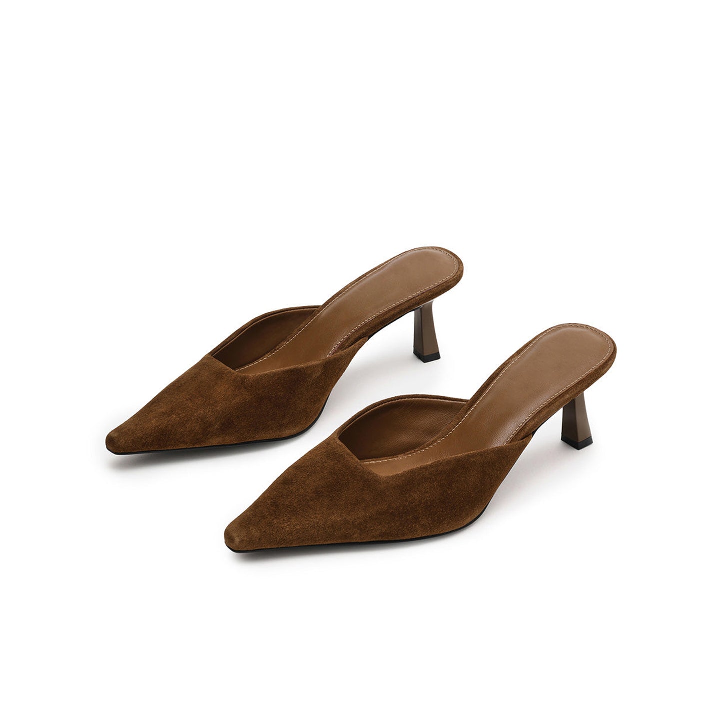Brown Faux Suede Pointed-Toe Classic Slip-On Backless Kitten Heels