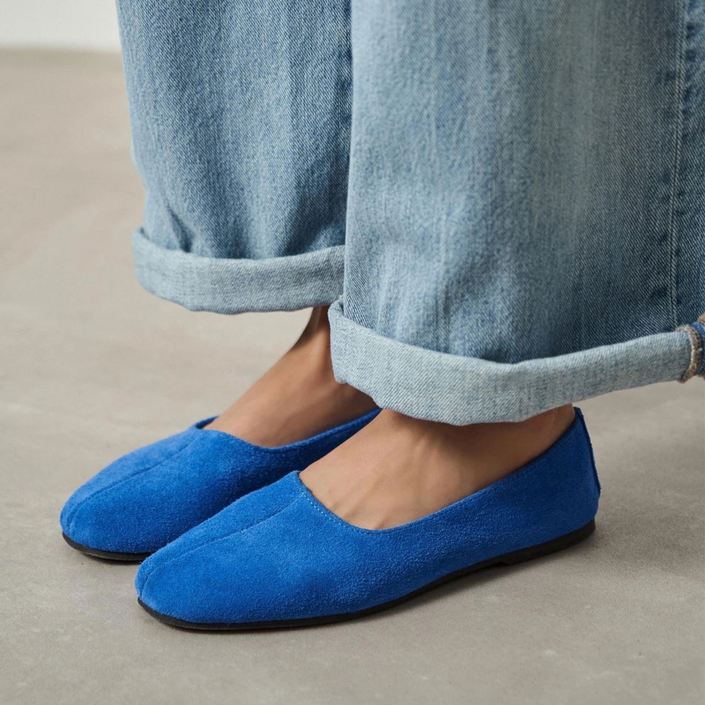 Blue Cow Suede Round-Toe Slip-On Classic Ballet Flats