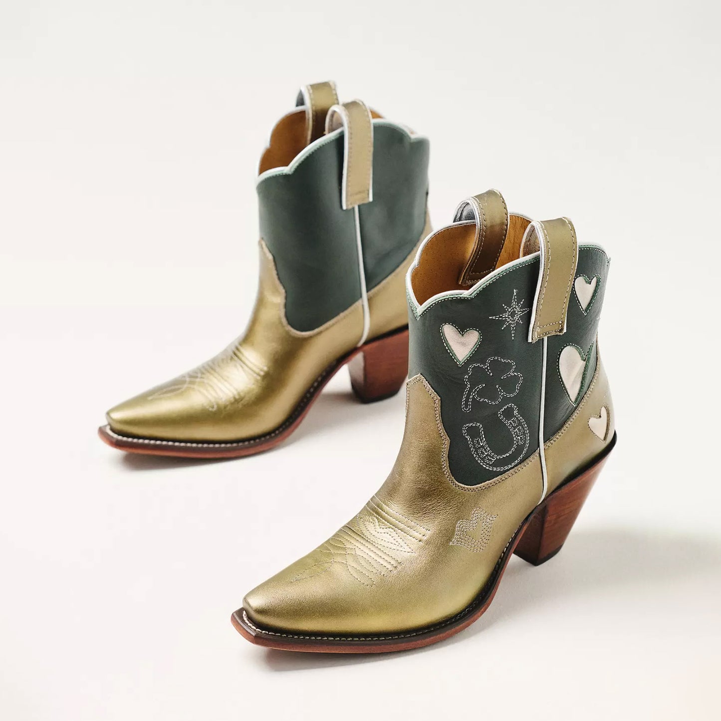 Contrast Metallic Olive And Green Snip-Toe Embroidery Silver Heart Inlay Ankle Cowgirl Boots