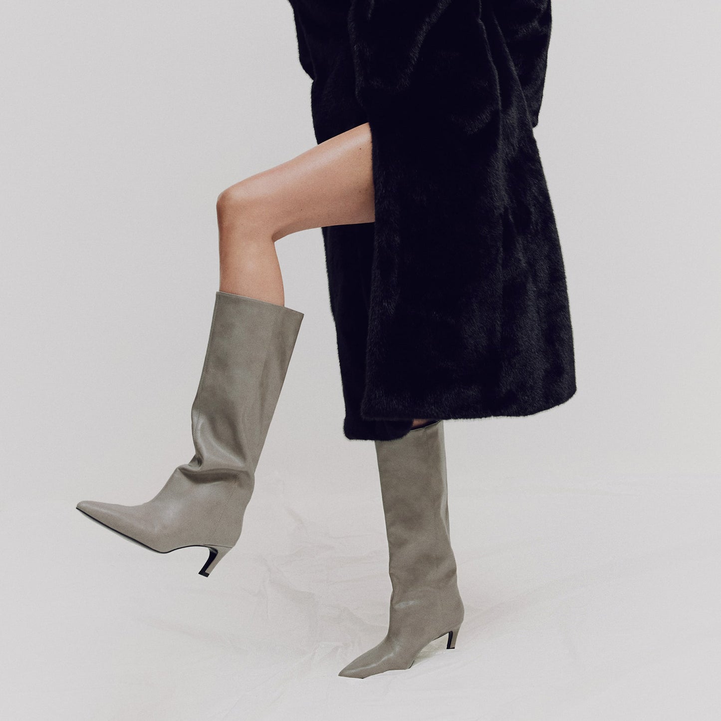 Gray Pointed-Toe Sleek Wide Calf Knee High Stiletto Boots