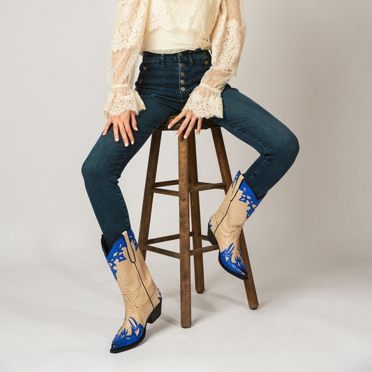 Contrast Cream And Blue Snakeskin Print Vegan Leather Snip-Toe Chic Mid Calf Cowgirl Boots