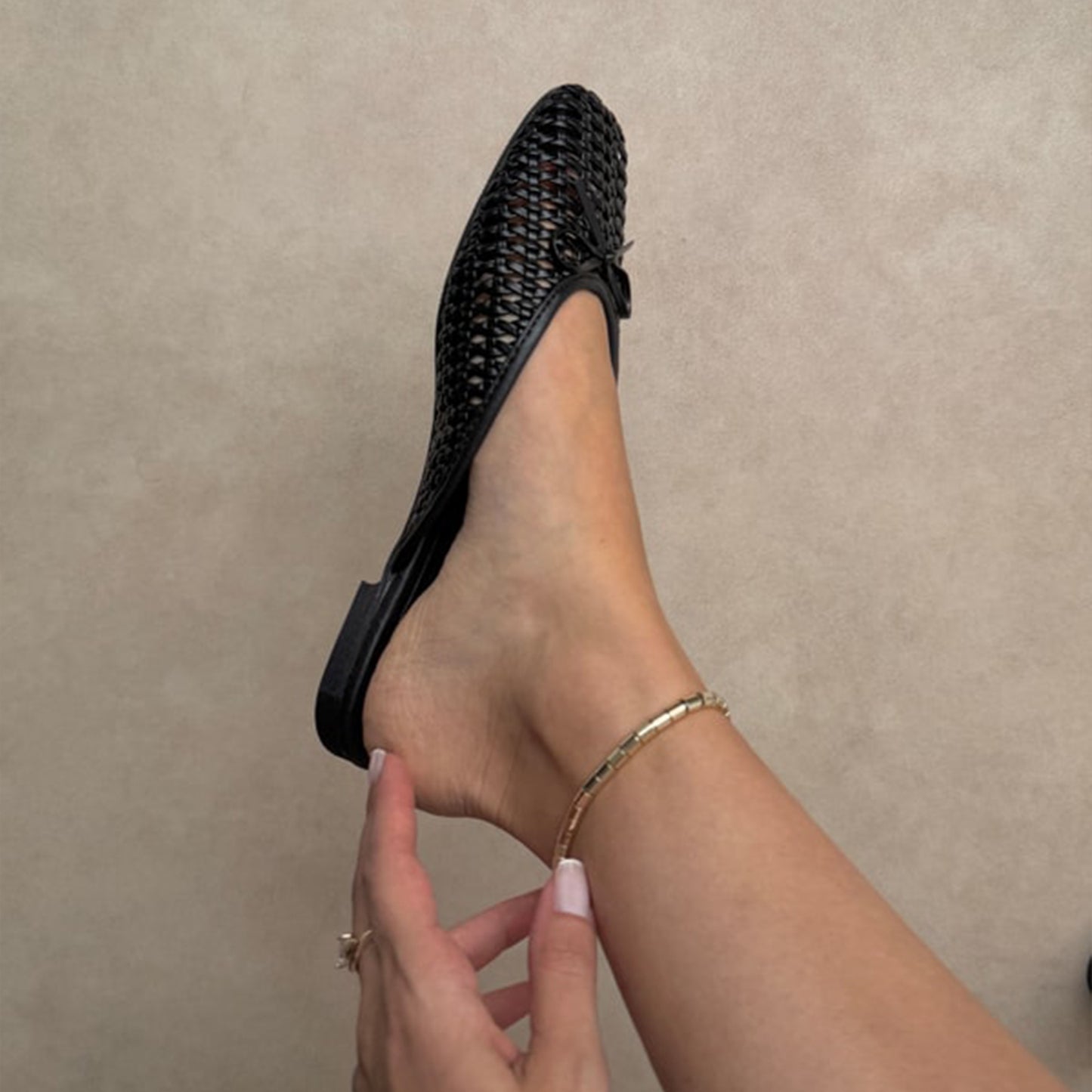 Black Woven Vegan Leather Square-Toe Front Bow Backless Chic Flats