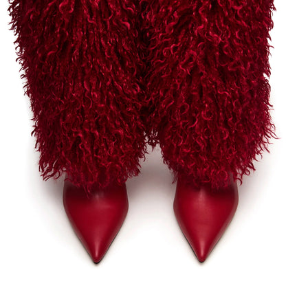 Red Pointed-Toe Full Plush Wide Calf Knee High Stiletto Boots