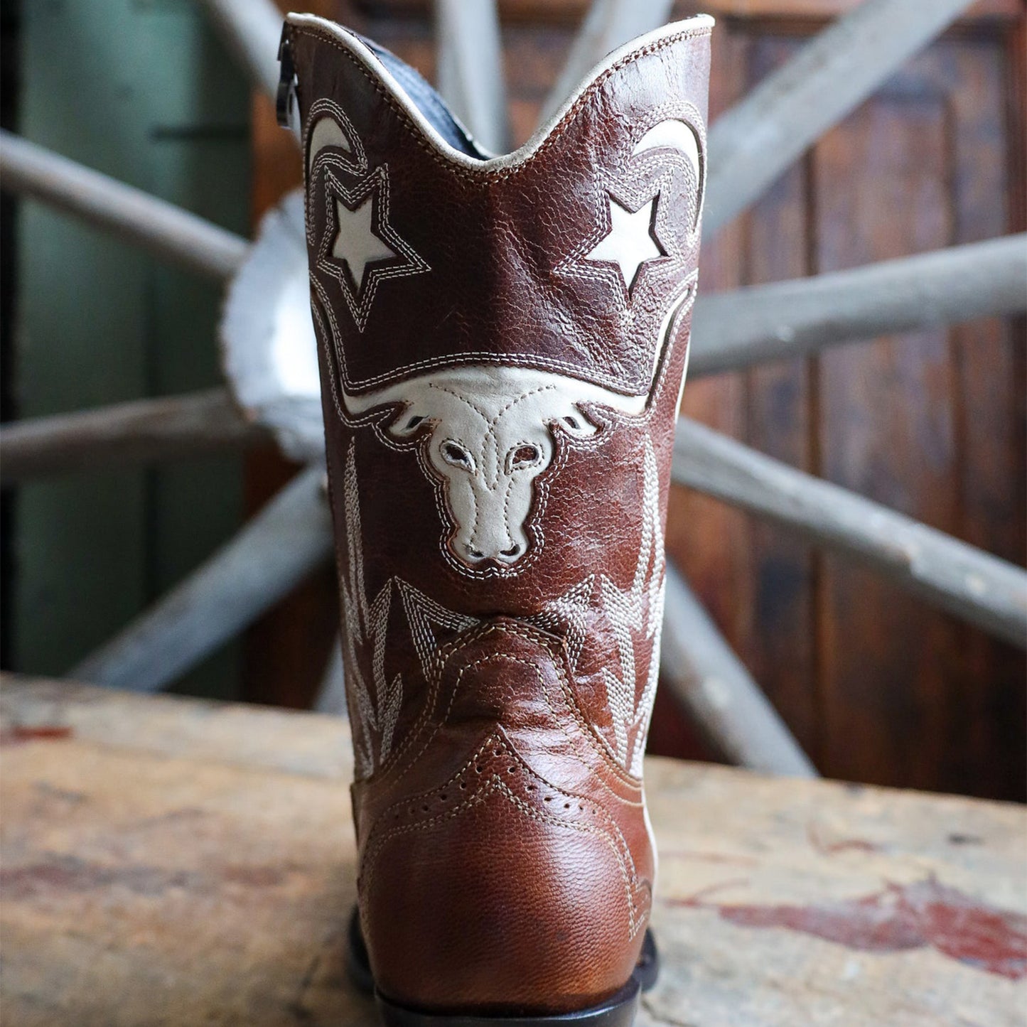 Mahogany Snip-Toe Tauren Moon Stars Inlay And Embroidery Full-Zip Mid Calf Cowgirl Boots