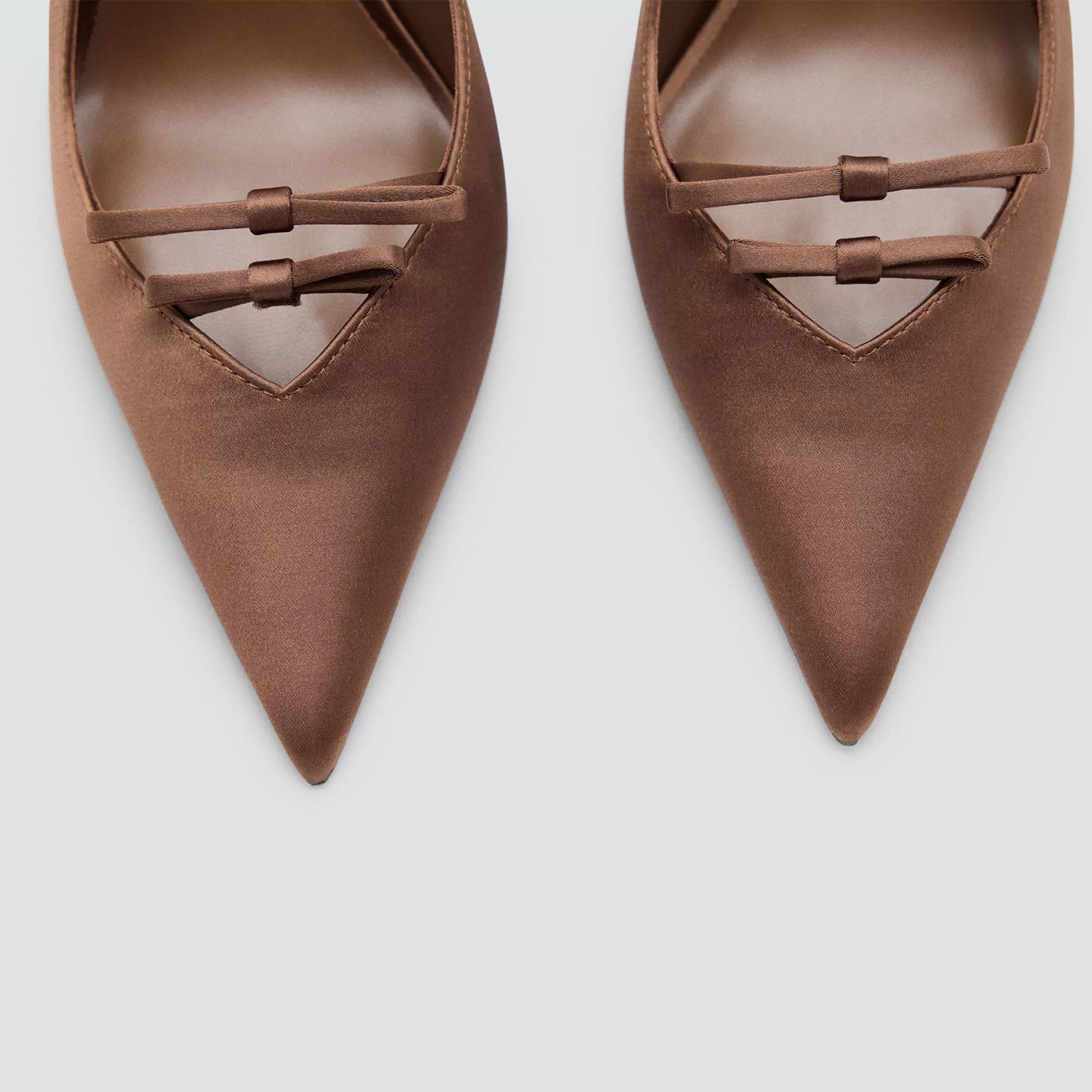 Chocolate Satin Pointed-Toe Front Double Knots Slingback High Heels
