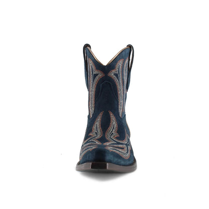 Dark Blue Faux Suede Snip-Toe Embroidery Ankle Cowgirl Boots