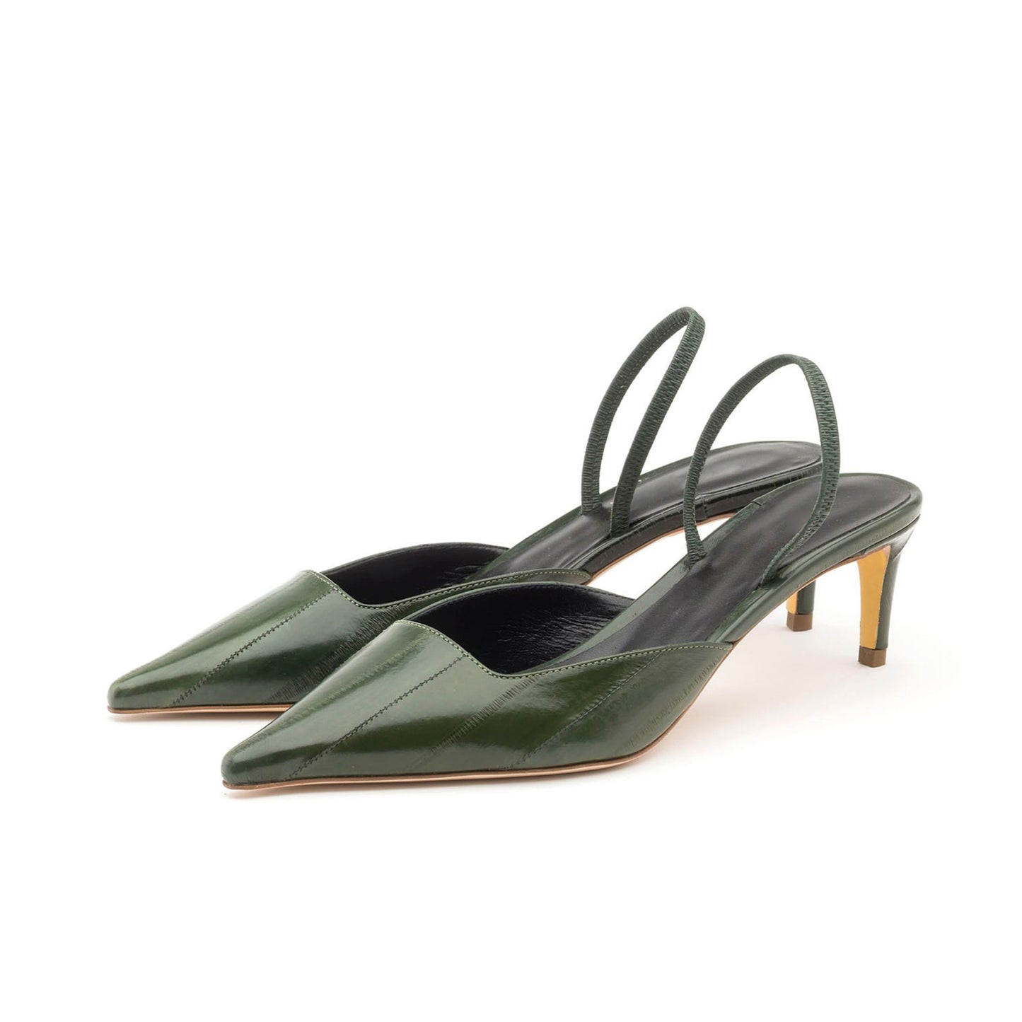 Green Eel Pattern Pointed-Toe Classic Slingback Kitten Heels