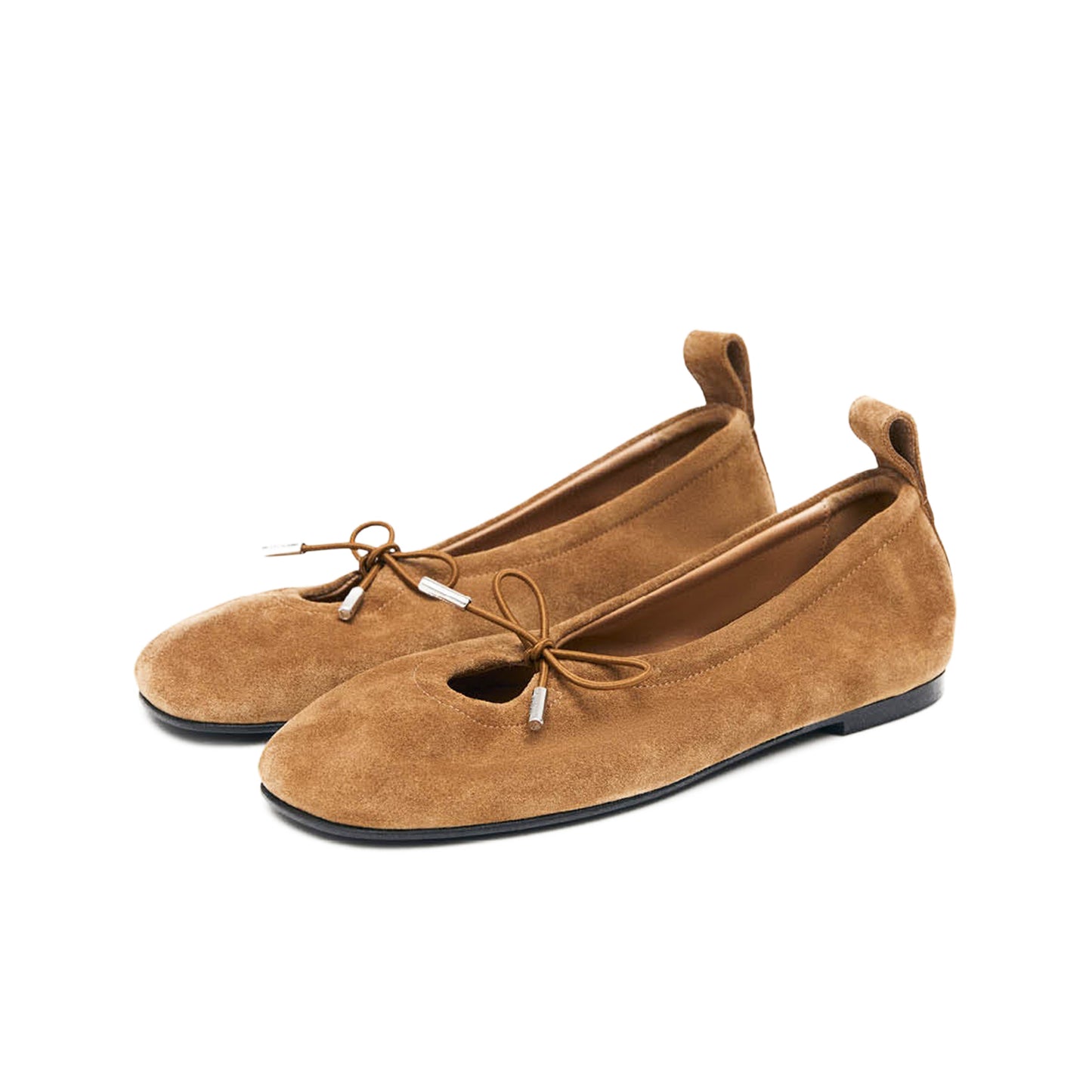 Brown Faux Suede Square-Toe Bridge Self-Tie Bow Ballet Flats
