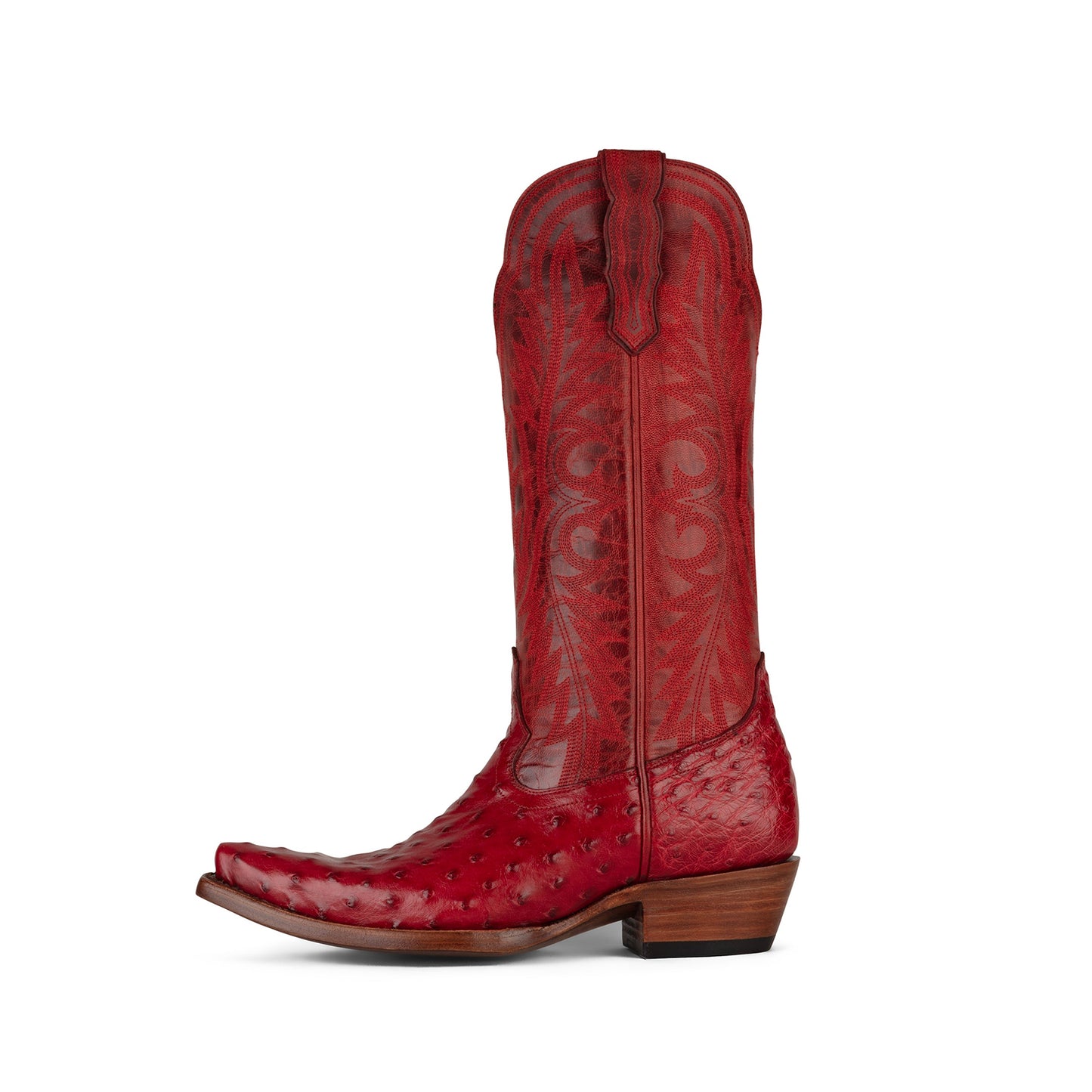 Red Contrast Vegan Leather And Ostrich Print Snip-Toe Embroidery Mid Calf Cowgirl Boots