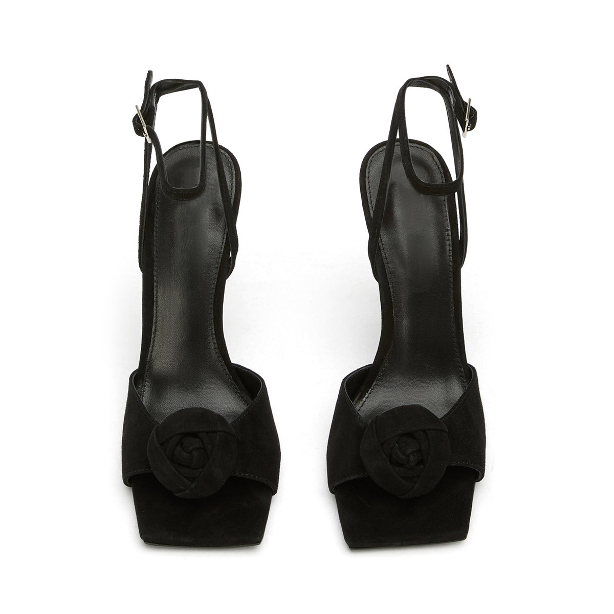 Black Faux Suede Square-Toe Front Rose Ankle Strap High Heels
