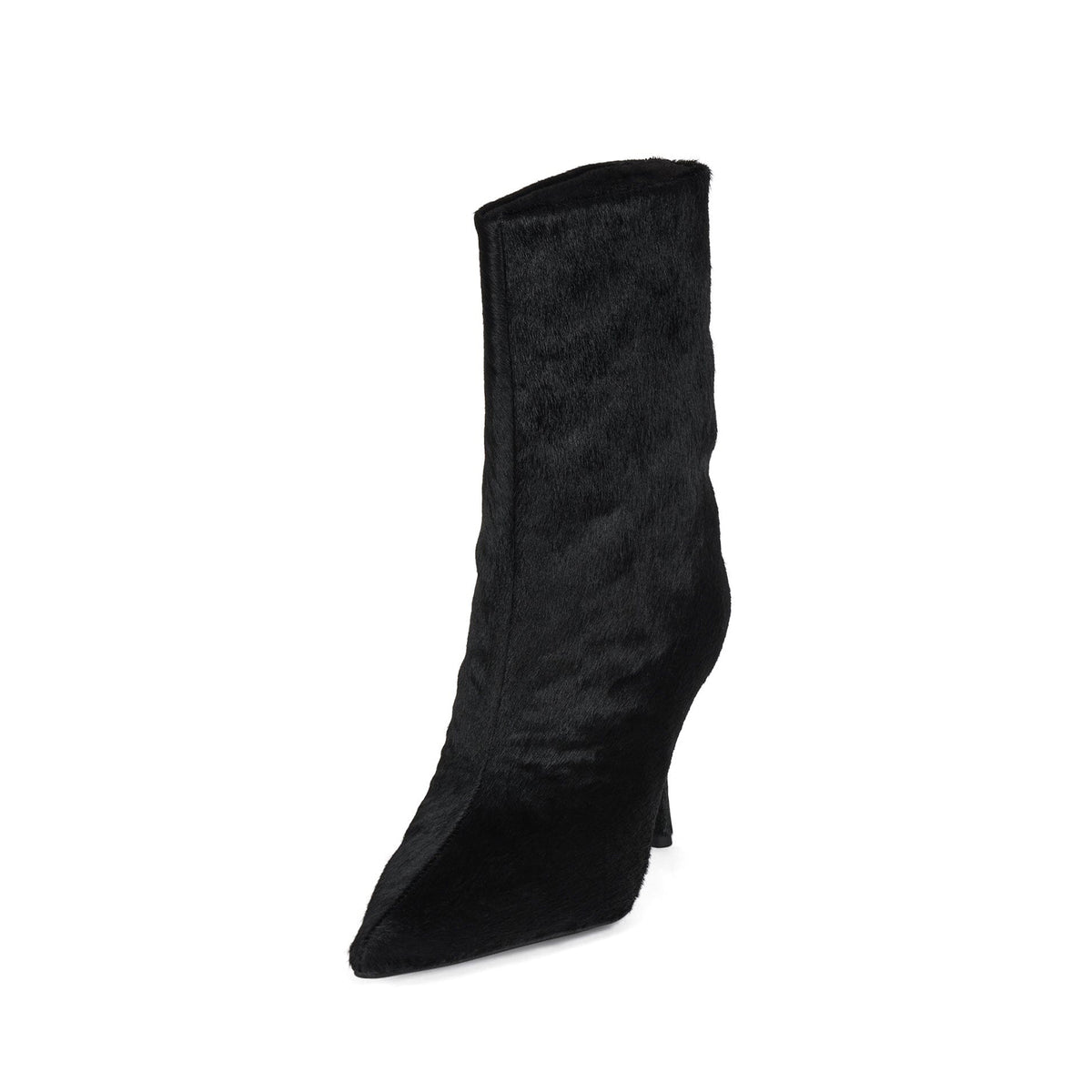 Black Pony Hair Vegan Leather Pointed-Toe Slip-On Sleek Ankle Stiletto Boots