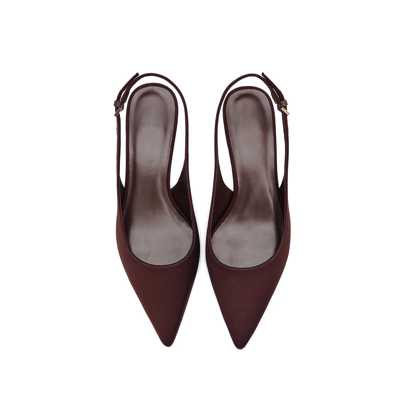 Coffee Satin Pointed-Toe Classic Kitten Heels With Slingback