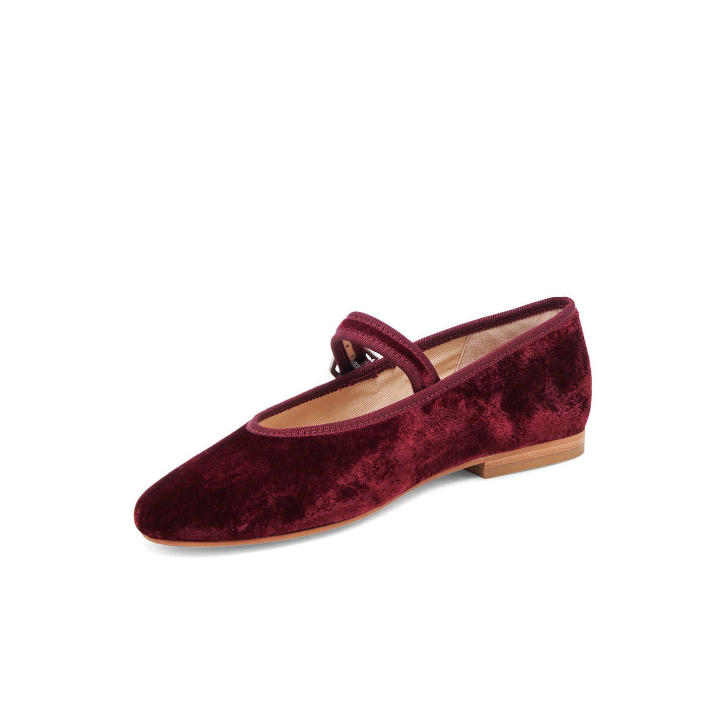 Wine Red Velvet Round-Toe Vegan Leather Bridge Strap Ballet Flats