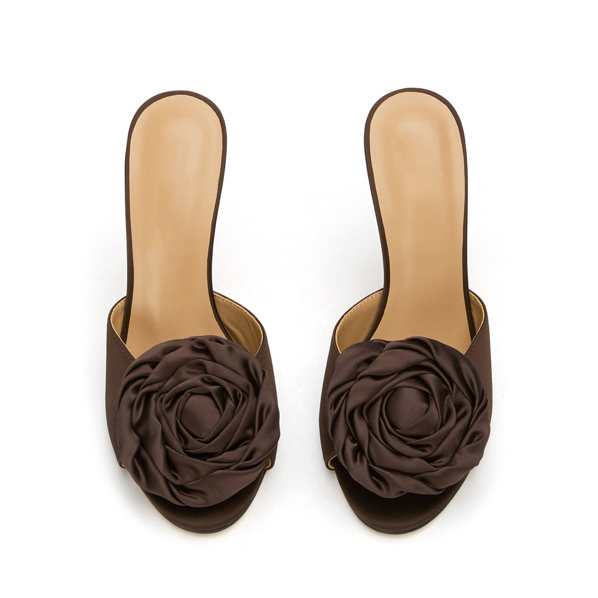 Chocolate Satin Round-Toe Front Big Rose Backless High Heels