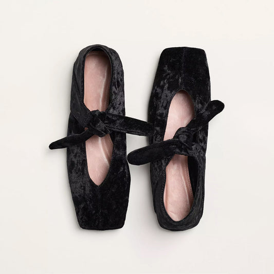 Black Velvet Square-Toe Center Lace-Up Ballet Flats