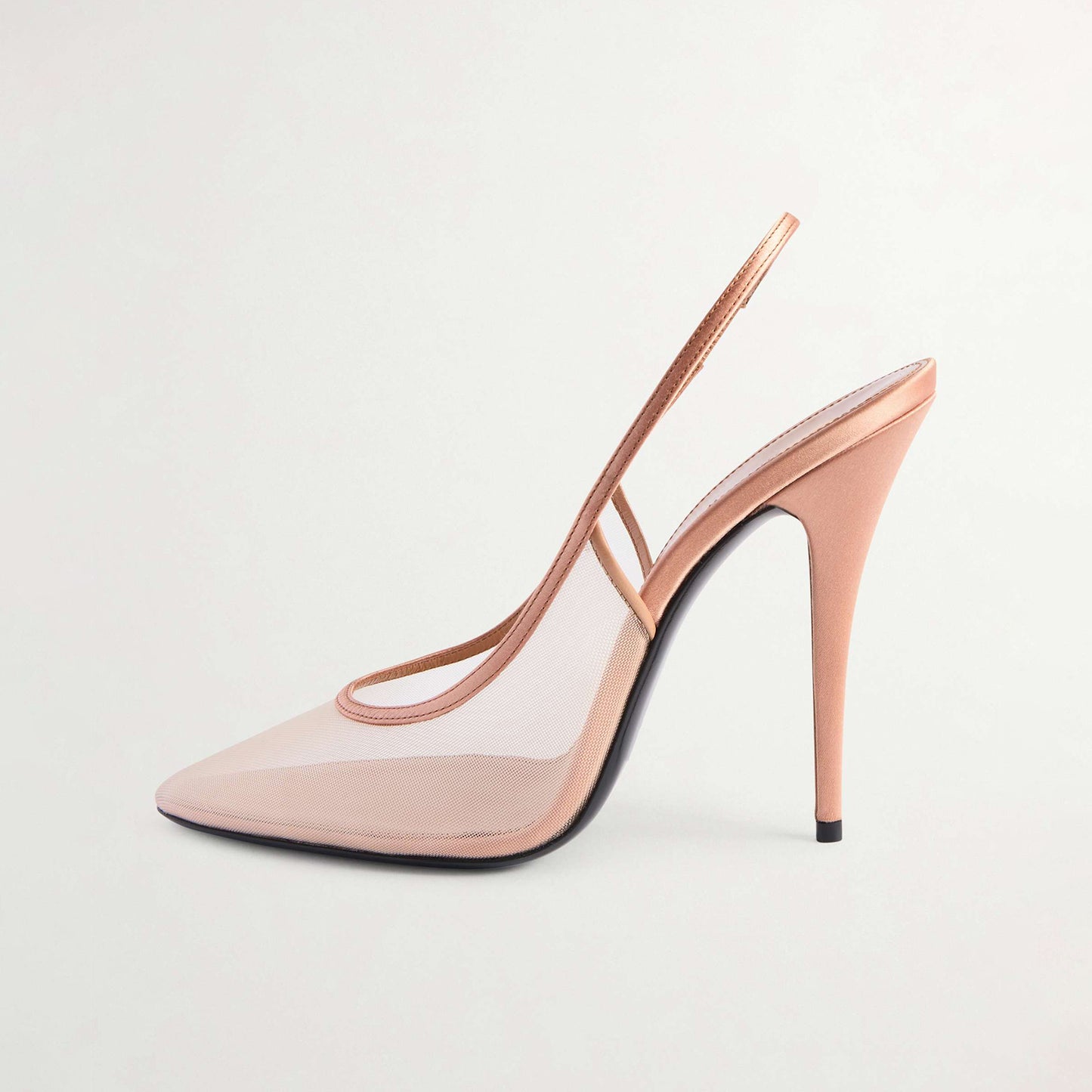 Beige Satin-Trimmed Mesh Pointed-Toe Slingback High Heels