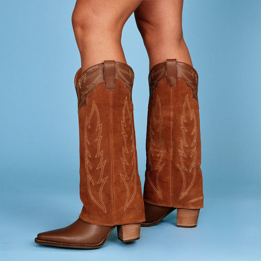 Brown Snip-Toe Faux Suede Fold-Over Embroidery Wide Calf Knee High Cowgirl Boots