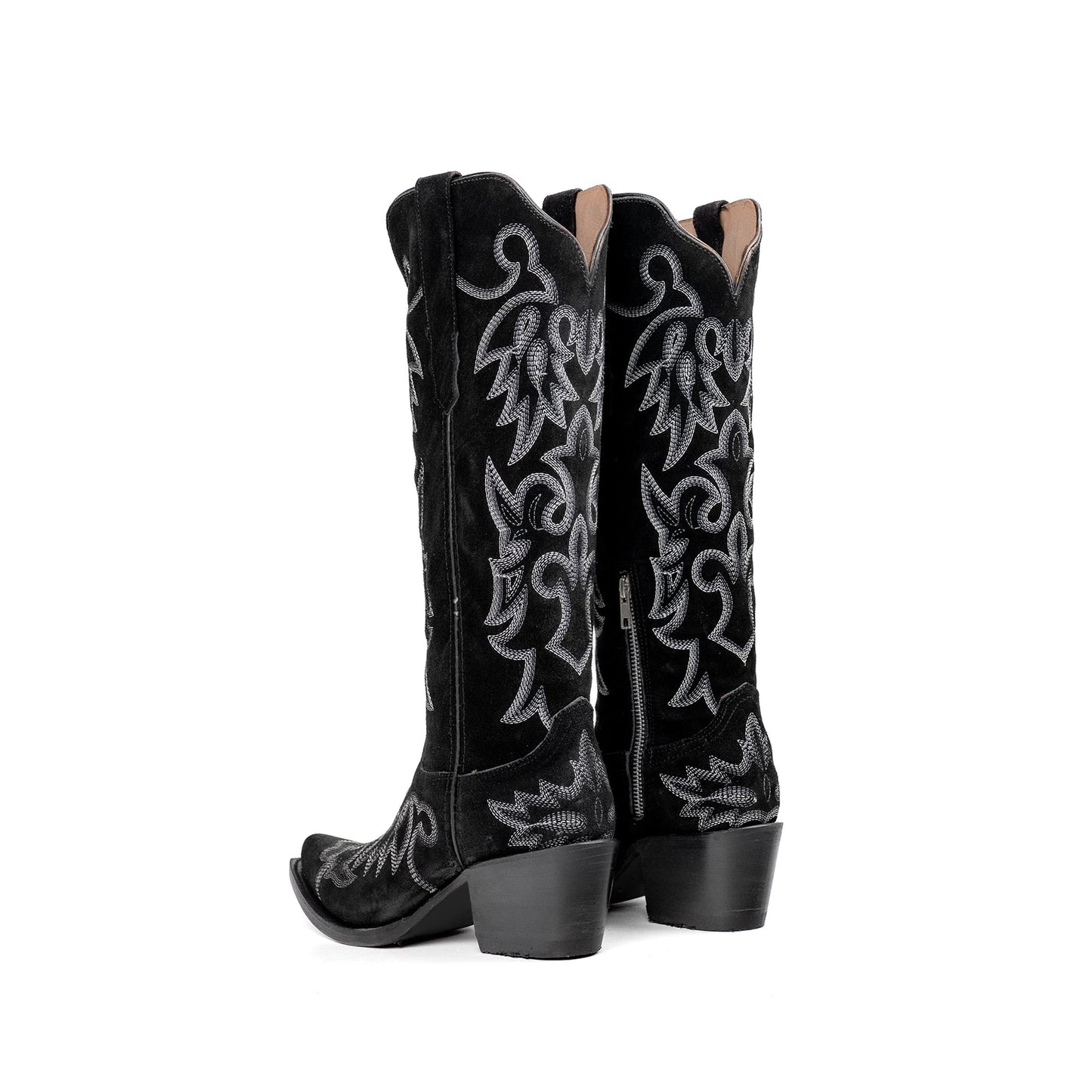 Black Faux Suede Snip-Toe Refined Embroidery Half-Zip Knee High Cowgirl Boots