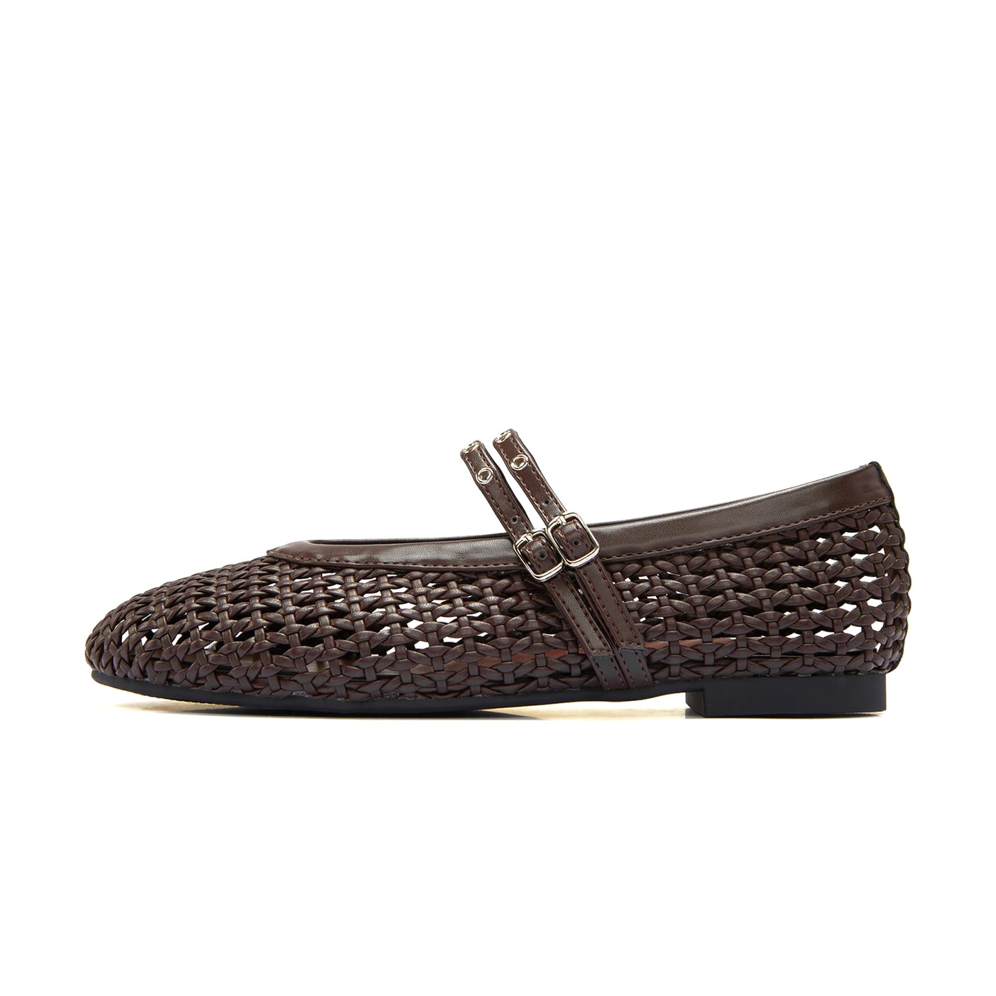 Coffee Woven Vegan Leather Round-Toe Buckle Mary Jane Classic Flats