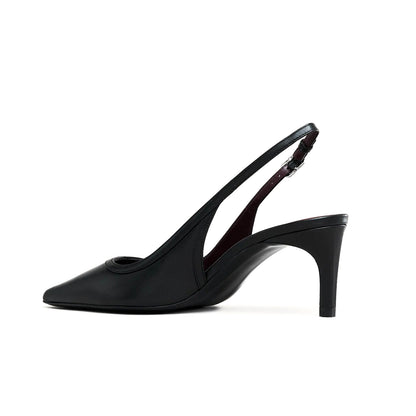 Black Vegan Leather Pointed-Toe Slingback Kitten Heels