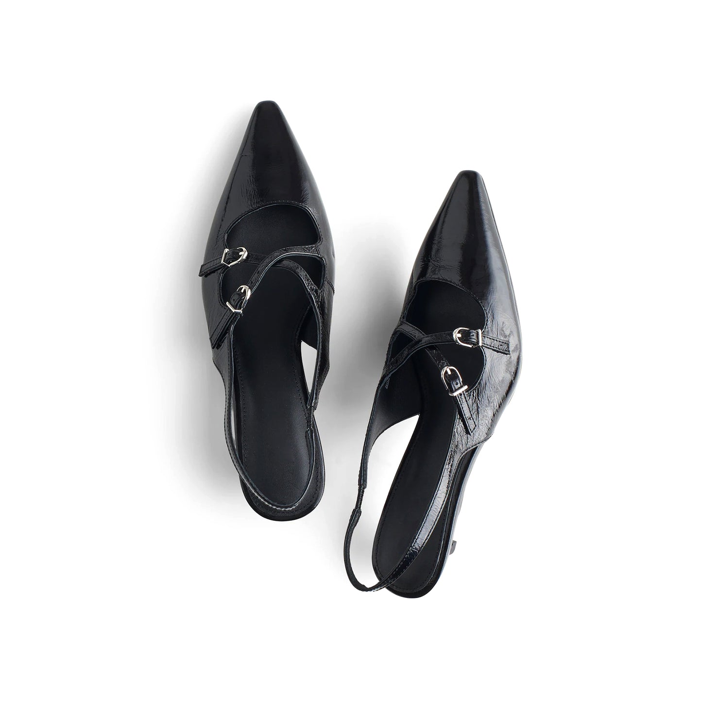 Patent Black Pointed-Toe Cross Straps Slingback Kitten Heels