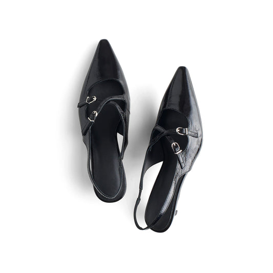 Patent Black Pointed-Toe Cross Straps Slingback Kitten Heels