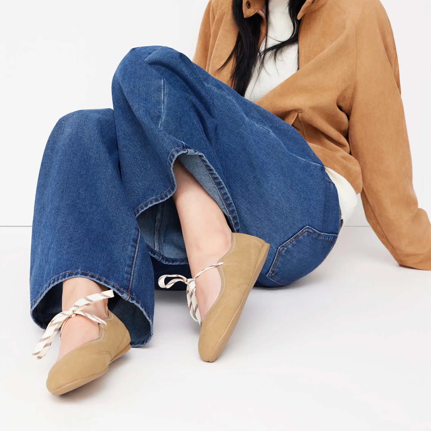 Khaki Faux Suede Round-Toe Middle Strap Simple Ballet Flats