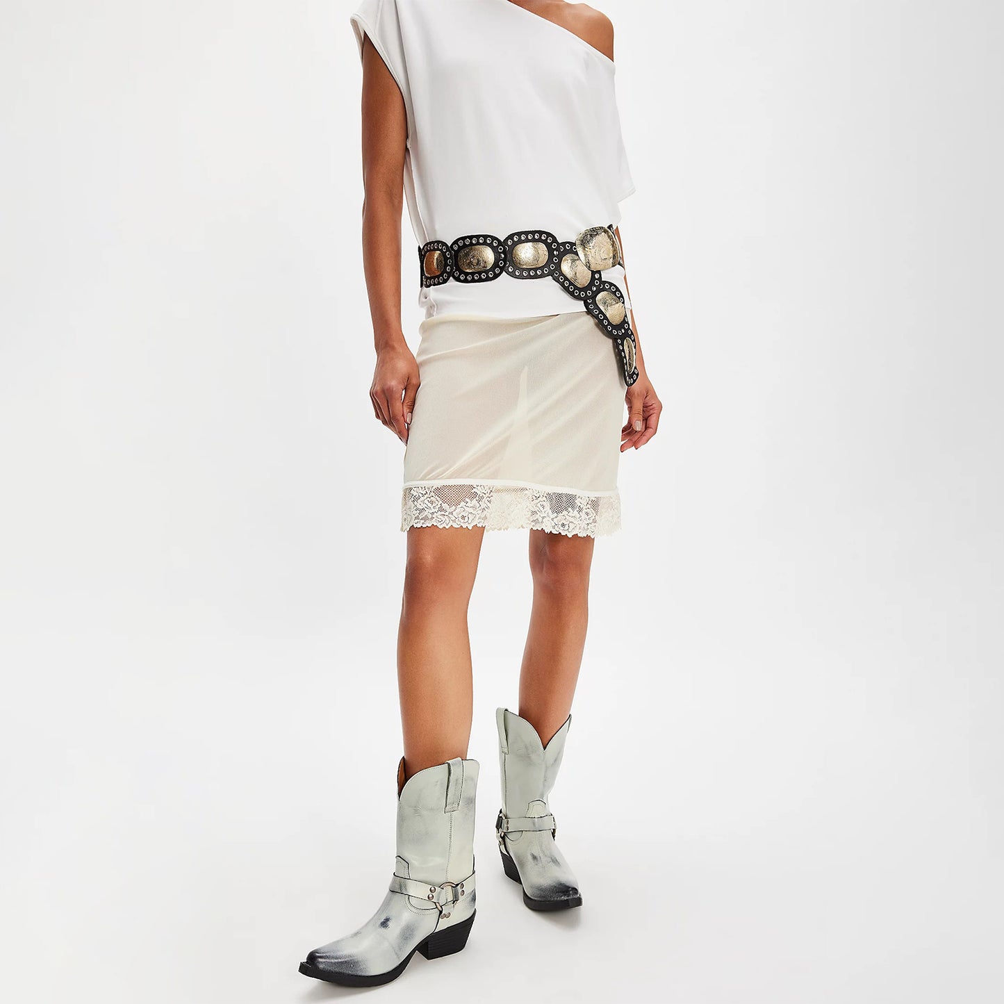 Distressed White Snip-Toe Buckle Straps Mid Calf Cowgirl Boots