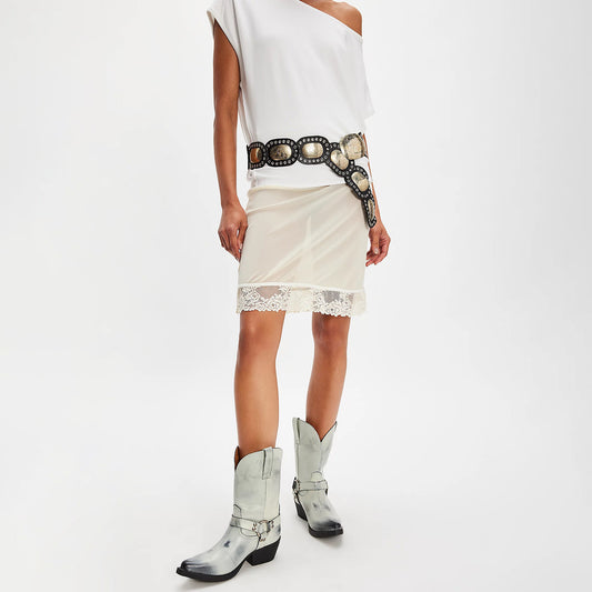 Distressed White Snip-Toe Buckle Straps Mid Calf Cowgirl Boots