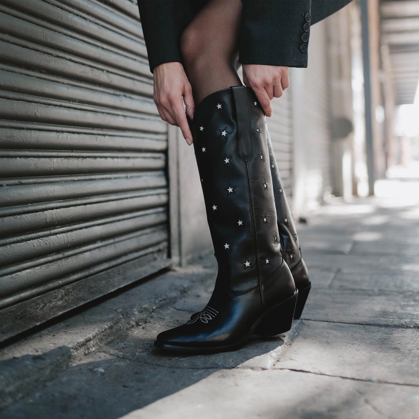 Black Snip-Toe Stars Inlay Wide Calf Knee High Cowgirl Boots