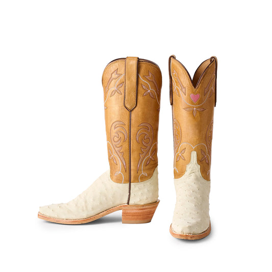 Contrast Tan And Ivory Snip-Toe Embroidery Mid Calf Cowgirl Boots