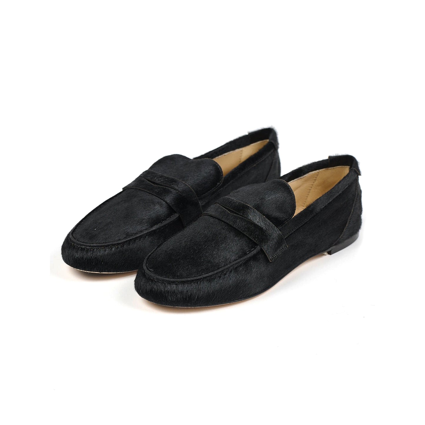 Black Pony Hair Vegan Leather Round-Toe Slip-On Chic Loafers Flats