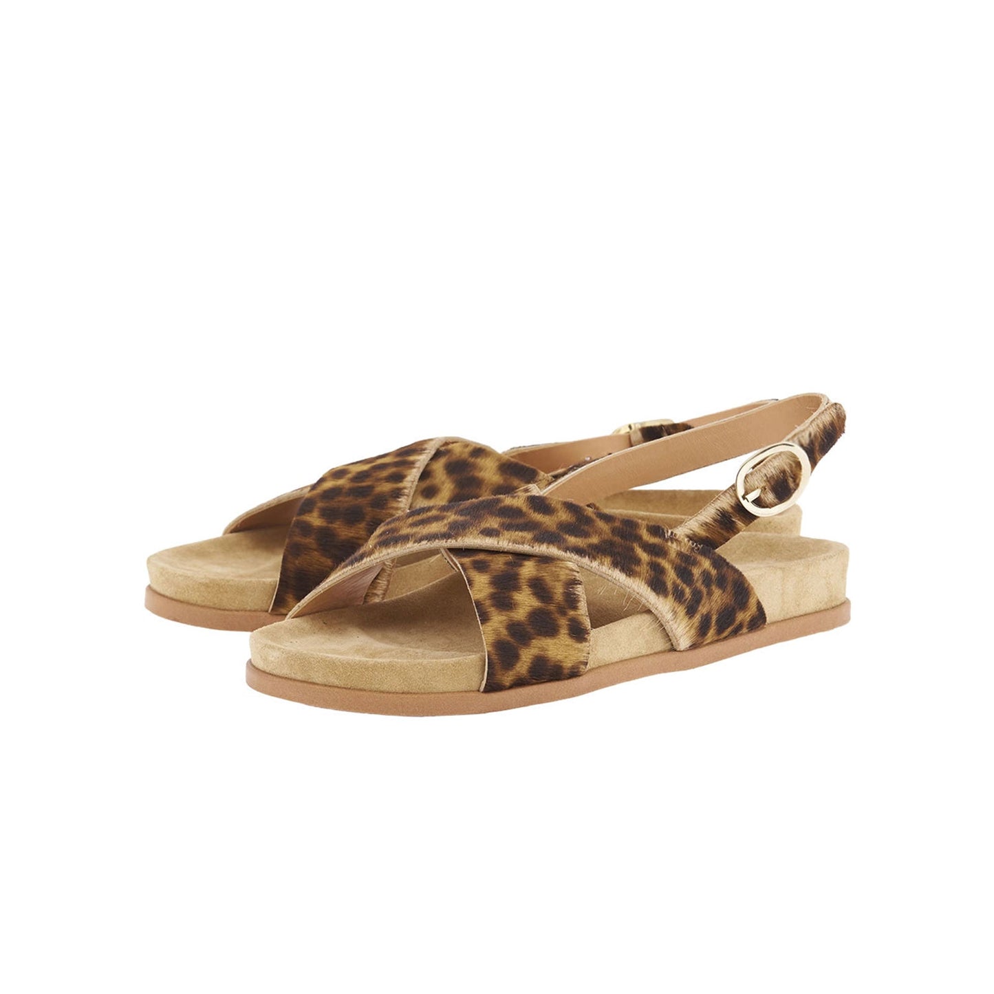 Leopard Pattern Pony Hair Square-Toe Crossed Strap Slingback Flats