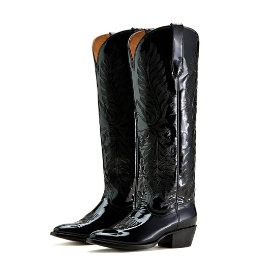 Patent Black Round-Toe Intricate Stitching Wide Calf Knee High Cowgirl Boots