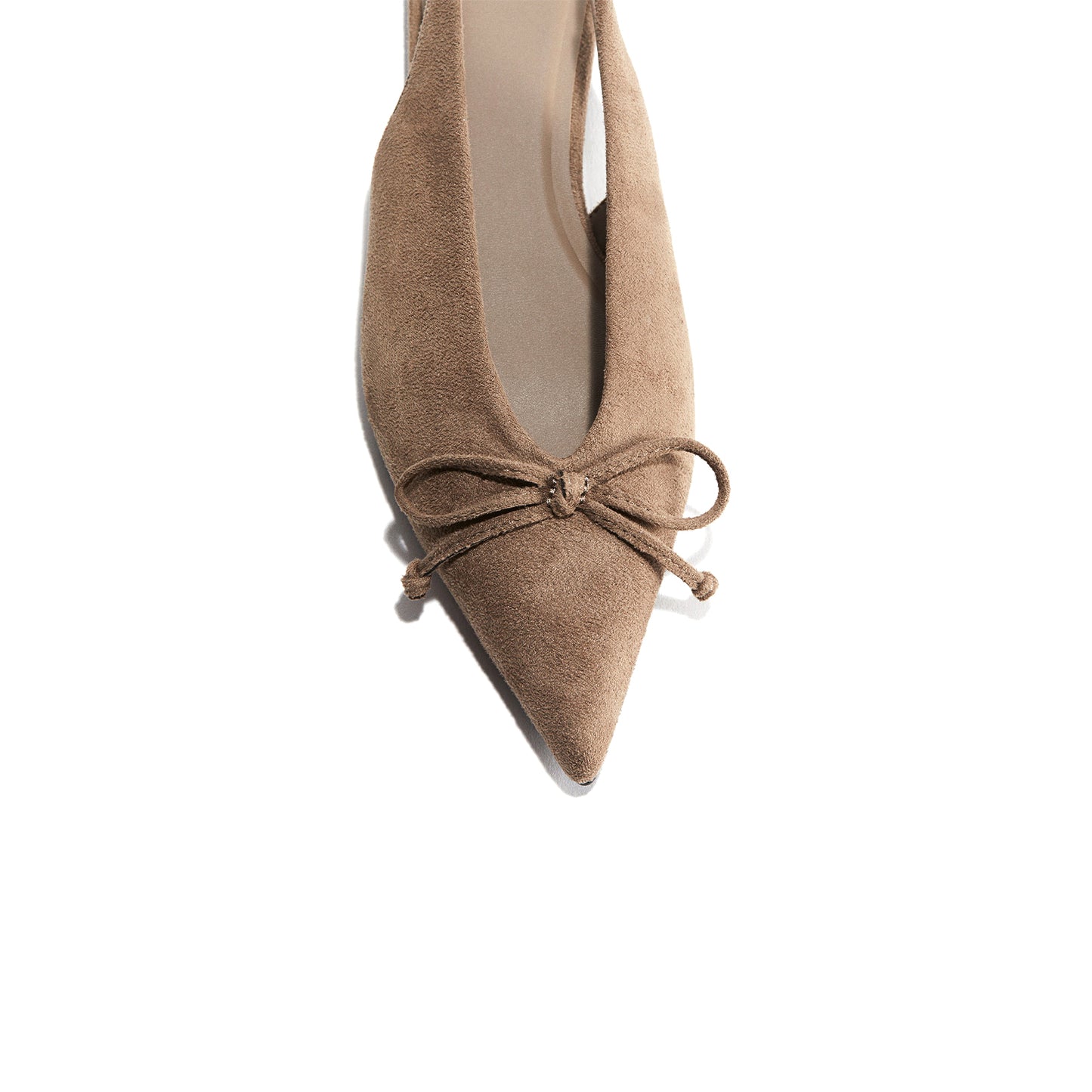 Beige Faux Suede Pointed-Toe Front Bow Slingback Flats